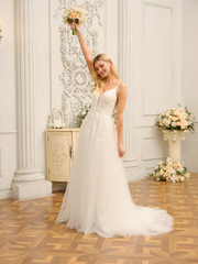 A-line applique sequin princess thin shoulder strap sleeveless long wedding dress