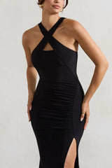 Cross neck off shoulder collar with side slit and floor length evening dress - Jimiss Dress