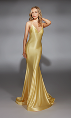 Satin V-neck slim fit evening gown trumpet shaped backless long formal dress
