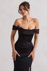 Off shoulder collar satin side slit and floor length evening dress - jimiss dress
