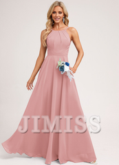 A-Line Halter Neck Floor Length Chiffon Bridesmaids Dress