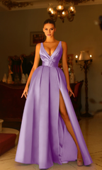 Jimiss A-line deep V-neck off shoulder side slit and floor length evening dress