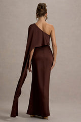 Asymmetric satin cape with side slit and floor length even dress - Jimiss Dress
