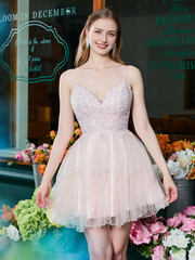 V-neck applique pleated chiffon short Homecoming dress
