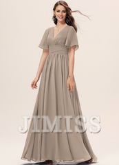 Ruffled A-line V-neck Floor-length Chiffon Bridesmaids Dress