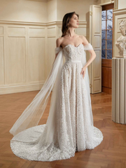 Ivory A-line off shoulder sweetheart super long lace wedding dress