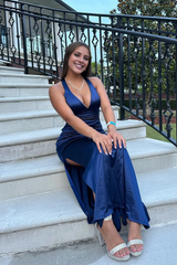Jimiss V-neck dark blue cross back long dress