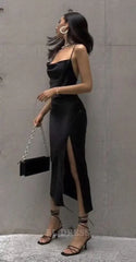Sheath Spaghetti Straps Slit Black formal dresses Bridesmaid Dresses evening gown Prom Dress