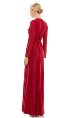 Jimiss V-neck long sleeved side slit and floor length evening dress