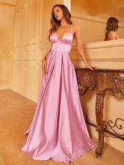 Deep V-neck satin thin shoulder strap and floor length formal dress