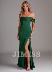 Off Shoulder Side Split Satin and Floor length Bridesmaid Dress - Jimiss Dress
