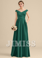 Ruffled A-Line Off-The-Shoulder Floor-Length Satin Bridesmaids Dress