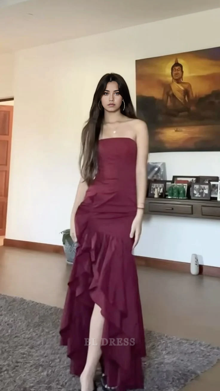 Mermaid Strapless Burgundy Ruffle Long formal dresses Bridesmaid Dresses evening gown Prom Dress