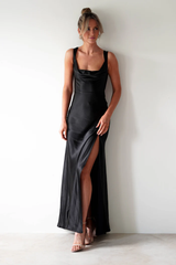 Square neckline satin side slit and floor length Prom dress - Jimiss Dress