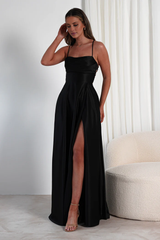 Thin shoulder strap with exposed back side slit and floor length Prom Dress - Jimiss Dress