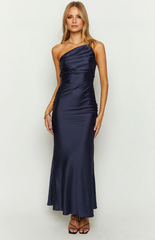 Jimiss asymmetrical neckline backless satin side slit long Prom dress