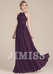 Lotus leaf A-line low round neck chiffon bridesmaid dress