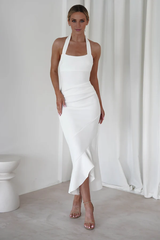 Hanging neck neckline off shoulder lotus leaf edge design Prom dress - Jimiss Dress