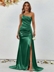 Mermaid asymmetrical neckline satin and floor length formal dresses