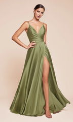 Jimiss A-line V-neck slim shoulder strap tight corset with side slit and floor length Prom dress