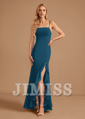 Trumpet Fishtail Square Floor Length Chiffon Ruffle Bridesmaid Dress