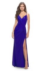 Thin shoulder strap deep V-neck sleeveless side slit and floor length Prom dress