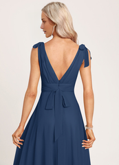 A-line V-neck floor-length chiffon bow bridesmaid dress