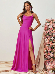 A-line slim shoulder strap with pleated collar and floor length formal dress