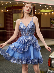 Shiny V-neck thin shoulder strap with stacked short Homecoming dress