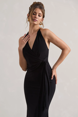 Hanging neck collar with pleats and a floor length evening dress - Jimiss Dress