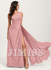 Ruffled A-line One Shoulder Floor Length Chiffon Bridesmaid Dress
