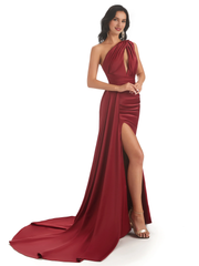 Sexy and soft satin side slit one shoulder fish tail long wedding bridesmaid dress