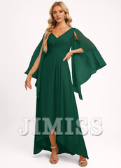 Ruffled A-line V-neck Asymmetric Chiffon Bridesmaids Dress