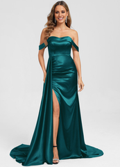 Trumpet fishtail off-shoulder swept train satin prom dress