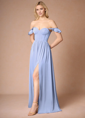 Jimiss A-line off shoulder side slit backless and floor length Prom dress