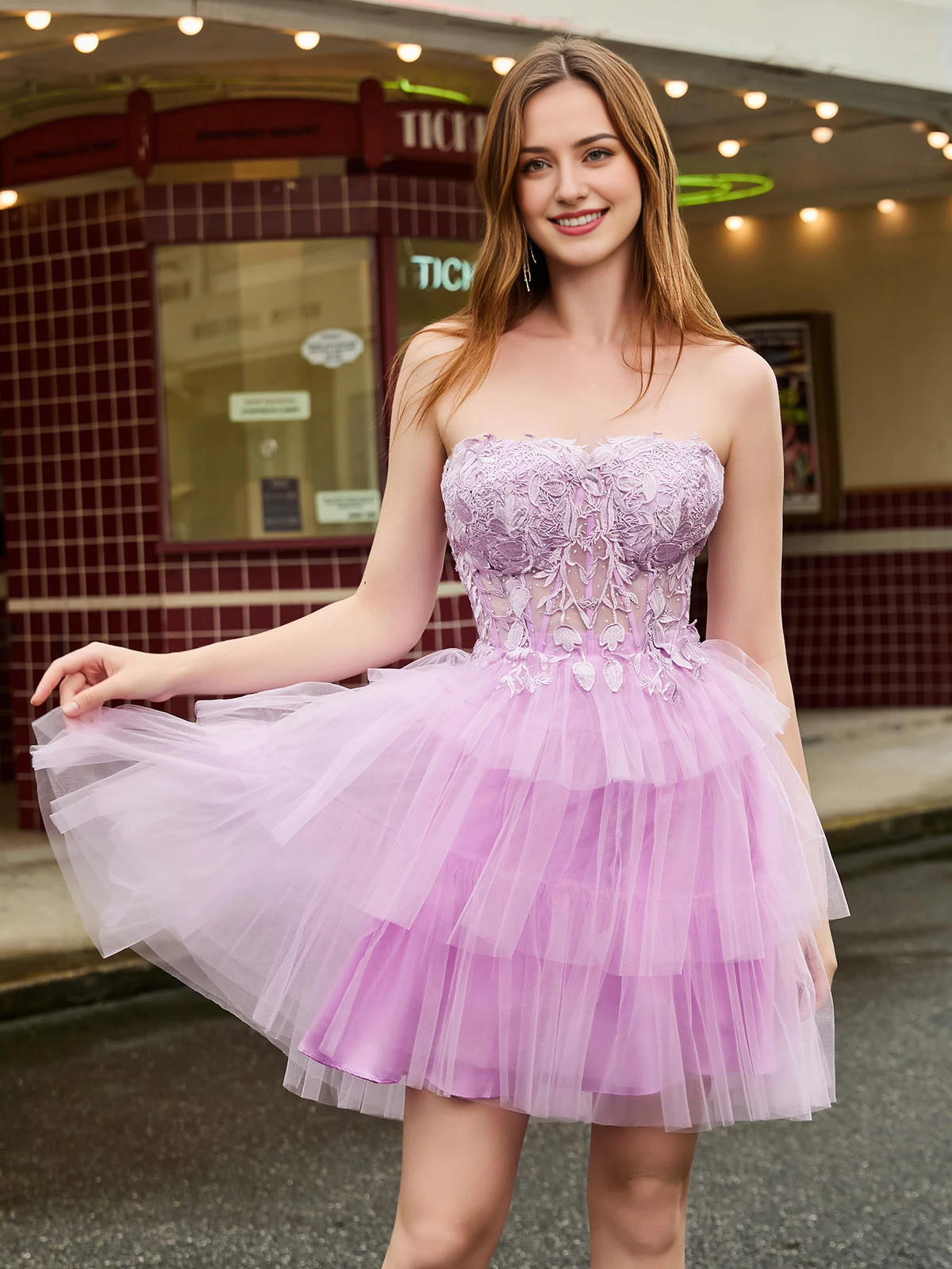 Strapless tight corset with layered chiffon upper layer short Homecoming dress