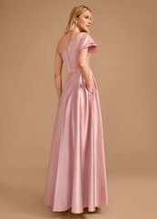 A-line one-shoulder floor-length satin bridesmaid dress