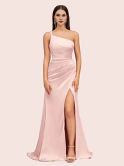 one shoulder bridesmaid dresses soft satin marmaid dress for wedding guest with side slit