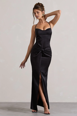 Satin high neck twisted pleat slit and floor length evening dress - Jimiss dress