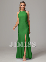 Hanging neck backless chiffon side slit bridesmaid dress