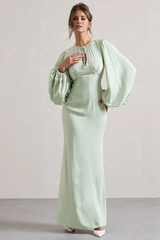 Bubble sleeve hollow round neck and floor length evening dress - Jimiss dress