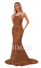 Satin high neck bridesmaid dress long women's slim shoulder strap fishtail dress formal dress