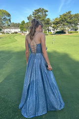 A-Line Satin Sweetheart Sparkly Long Prom Dresses
