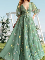 A-Line/Princess V-Neck Short Sleeves Floral Long Formal Prom Dresses With Flowers Sexy