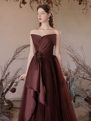 A-Line V Neck Satin Tulle Brown Red, Brown Red Long Formal Dress