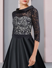 A-Line Mother of the Bride Dress Formal Wedding Guest Party Elegant Bateau Neck Satin Lace Half Sleeve with Pleats Appliques