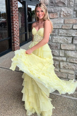 A Line Sweetheart Daffodial Chiffon Tiered Prom Dresses