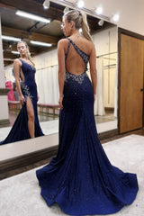 Mermaid One Shoulder Dark Navy Long Prom Dresses