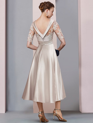 A-Line Mother of the Bride Dress Wedding Guest Vintage Elegant Scoop Neck  Satin Lace Half Sleeve with Ruched Appliques
