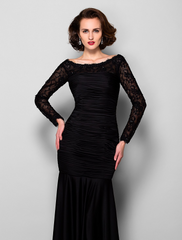 Mother of the Bride Dress Beautiful Back Lace Jersey Long Sleeve with Lace Ruched Beading
